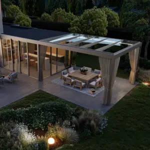 A sleek, high-transparency conservatory glass room featuring minimalist aluminium profiles, providing a bright, protected space for year-round garden enjoyment.