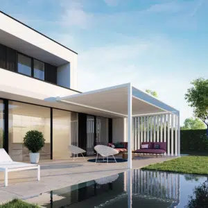 A sleek, retractable roof canopy extended over a garden terrace, showing the high-performance fabric cover and modern structure.