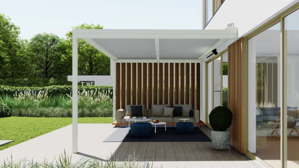 A sleek, retractable roof canopy extended over a garden terrace, showing the high-performance fabric cover and modern structure.