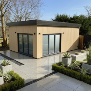 Premium steel frame garden room featuring a modern architectural finish and extensive glazing, built for a luxury garden transformation.
