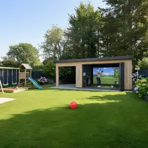 Bespoke steel-frame garden room customized into a luxury golf simulator studio with high-end tech tracking, built for a premium garden transformation.