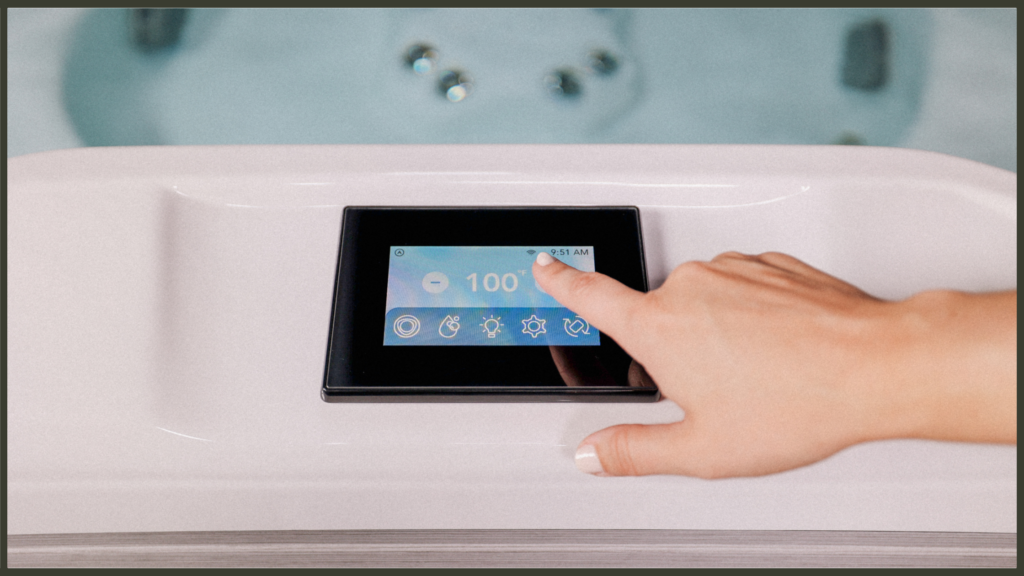 The digital control panel of a premium luxury hot tub displaying a system readout, illustrating diagnostic troubleshooting and professional water flow care.