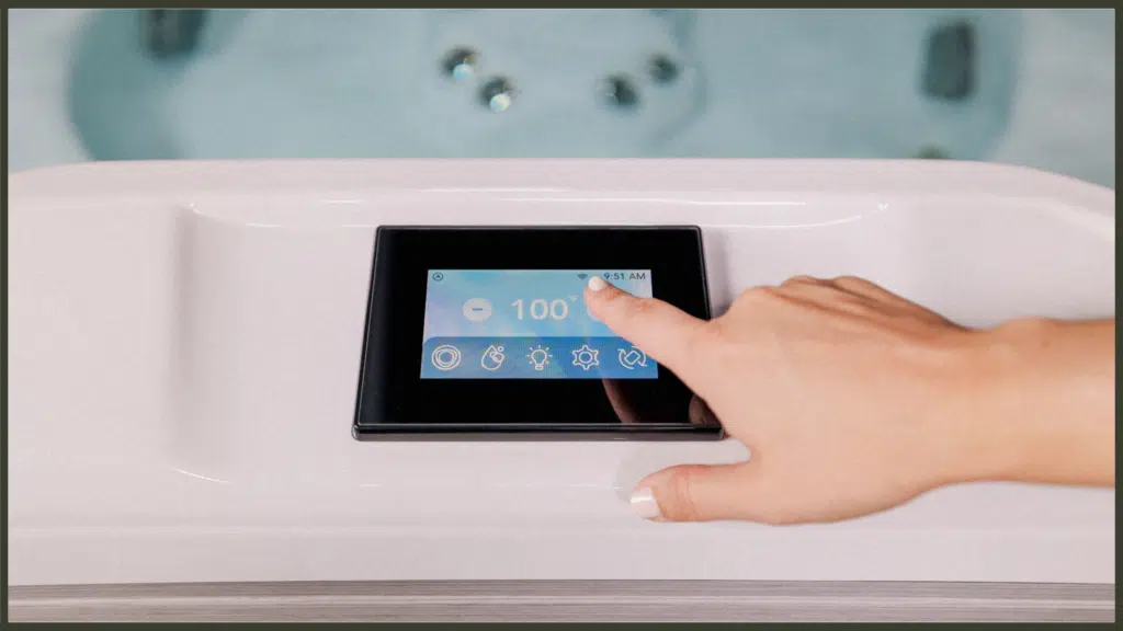 The digital control panel of a premium luxury hot tub displaying a system readout, illustrating diagnostic troubleshooting and professional water flow care.
