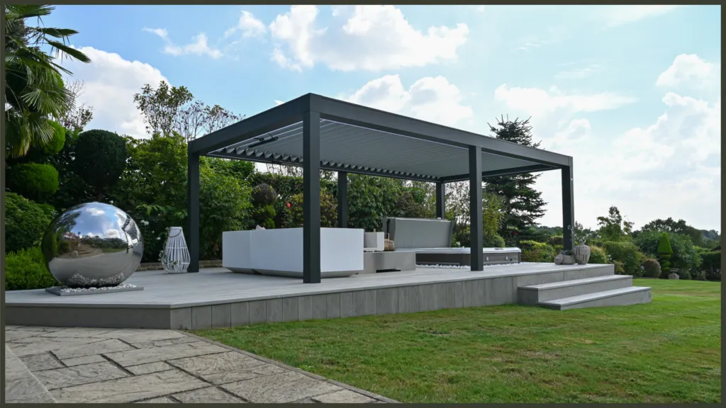Luxury hot tub and louvered roof pergola installation in a transformed garden in Bushey, Hertfordshire.