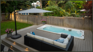 An architectural technical drawing layout showing a top-down view of a 4-metre swim spa positioned onto a concrete base, explicitly detailing a mandatory 1-metre service clearance zone on all four sides.