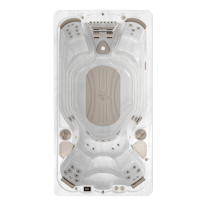 Overhead top-down layout view of the Hydropool 14AX AquaTrainer swim spa, displaying the compact and powerful single-zone layout featuring high-performance AquaTrainer swim jets and ergonomic hydrotherapy seating.