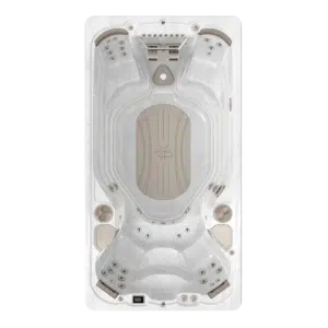 Overhead top-down layout view of the Hydropool 14AX AquaTrainer swim spa, displaying the compact and powerful single-zone layout featuring high-performance AquaTrainer swim jets and ergonomic hydrotherapy seating.