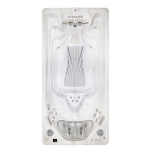 Overhead top-down layout view of the Hydropool 16ft ExecutiveSport swim spa, showcasing the wide, uncompromised swim tank, core-stabilizing swim jets, and dual ergonomic hydrotherapy seats at the far end.