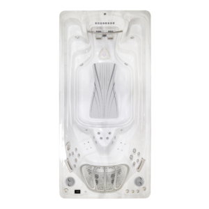 Overhead top-down layout view of the Hydropool 16ft ExecutiveTrainer swim spa, displaying the wide, open-concept swim lane with V-Twin jet propulsion and two ergonomic hydrotherapy massage seats at the opposite end.