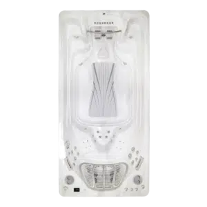 Overhead top-down layout view of the Hydropool 16ft ExecutiveTrainer swim spa, displaying the wide, open-concept swim lane with V-Twin jet propulsion and two ergonomic hydrotherapy massage seats at the opposite end.