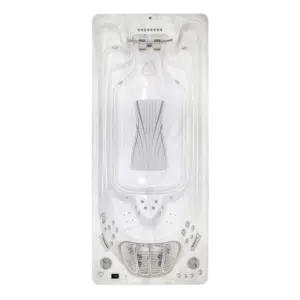 Overhead top-down view of the Hydropool 19ft ExecutiveTrainer swim spa, showcasing the expansive, streamlined swim lane with V-Twin jet placement and the dedicated ergonomic hydromassage seating area at the rear.