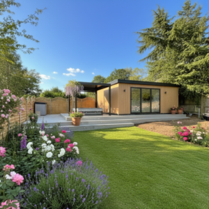 Bespoke steel frame garden room configured into a premium luxury man-cave and she-shed retreat, featuring high-end interior styling and modern glazing for a complete garden transformation.