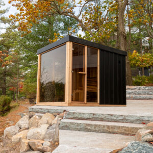 Premium Outdoor Orion Sauna featuring an elegant modern design, crafted for a luxury garden wellness installation.