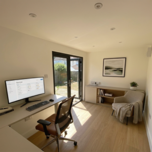 Bespoke steel frame garden room configured into a premium home office, featuring contemporary architectural design and modern glazing for a luxury garden transformation.