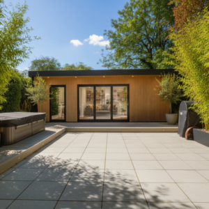 Premium steel frame outbuilding featuring contemporary architectural finishes and modern glazing, engineered for a luxury garden transformation.