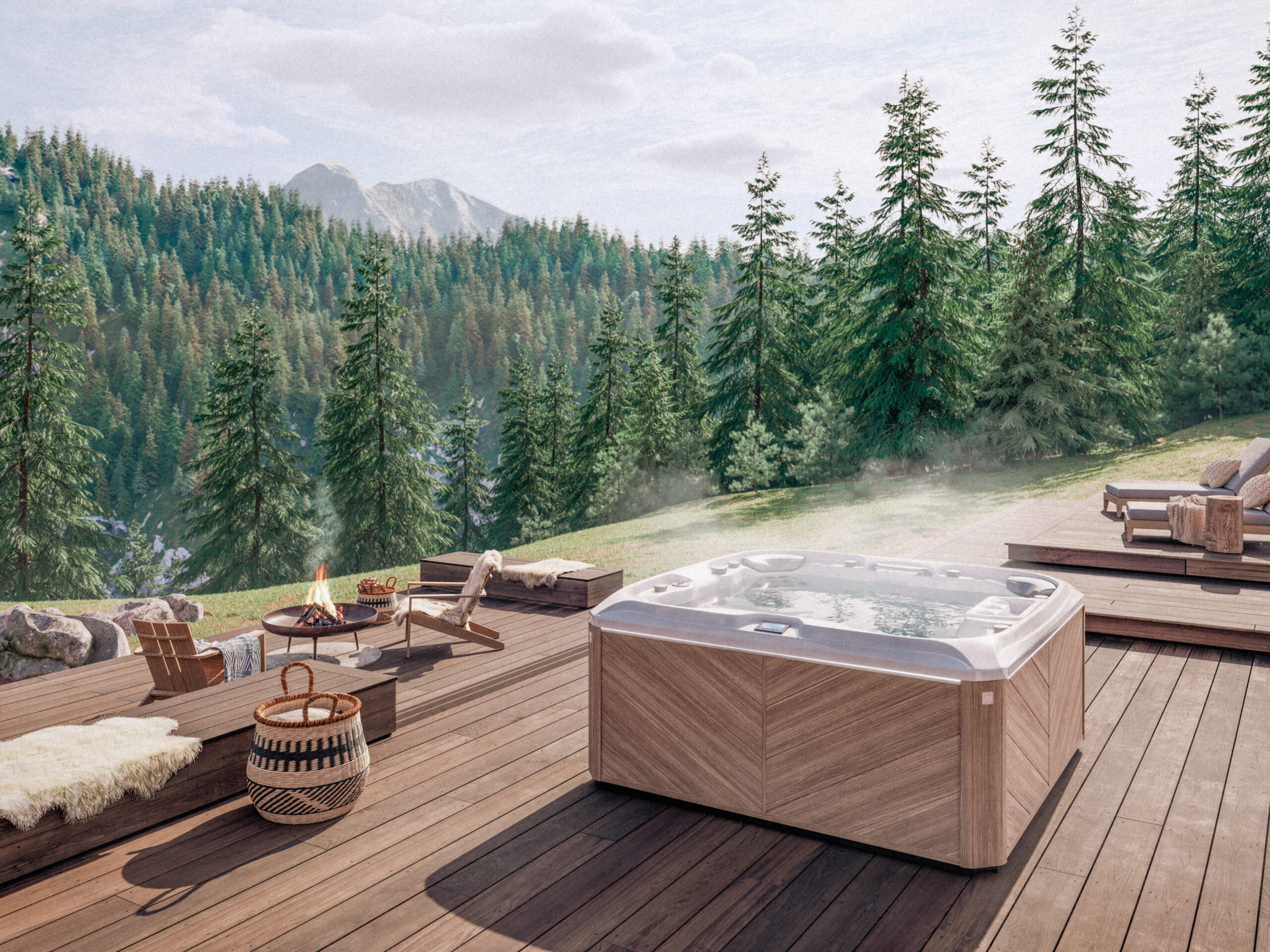 Wide lifestyle photograph showcasing a recent bespoke installation of a premium Sundance hot tub, flawlessly integrated into a newly transformed contemporary garden.