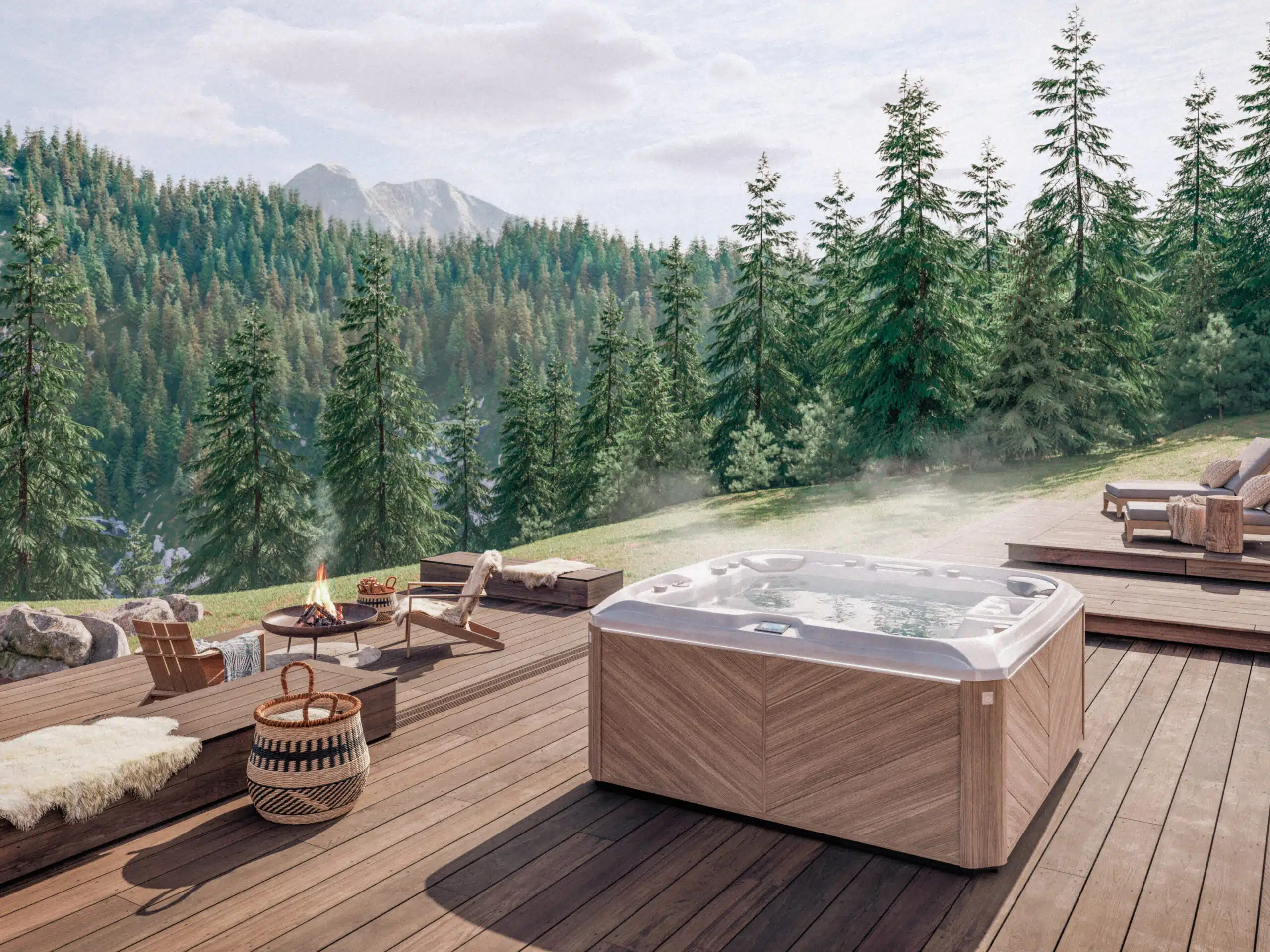 Wide lifestyle photograph showcasing a recent bespoke installation of a premium Sundance hot tub, flawlessly integrated into a newly transformed contemporary garden.