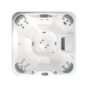 Top-down, overhead architectural photograph of the Sundance 680 Series Edison hot tub, showcasing its spacious 6+ seater interior and versatile, lounge-free seating layout.