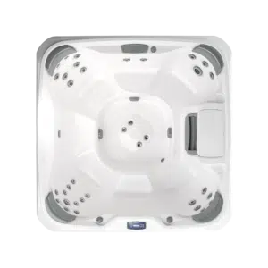 Top-down, overhead architectural photograph of the Sundance 680 Series Edison hot tub, showcasing its spacious 6+ seater interior and versatile, lounge-free seating layout.