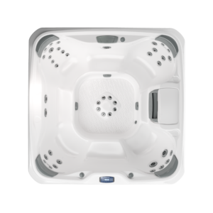 Top-down, overhead architectural photograph of the Sundance 680 Series McKinley hot tub, showcasing its massive, 6+ seater lounge-free interior layout and ergonomic multi-level seating.