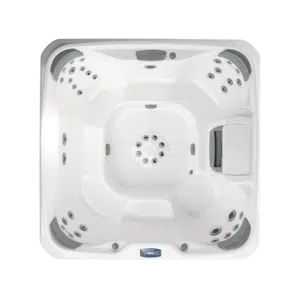 Top-down, overhead architectural photograph of the Sundance 680 Series McKinley hot tub, showcasing its massive, 6+ seater lounge-free interior layout and ergonomic multi-level seating.