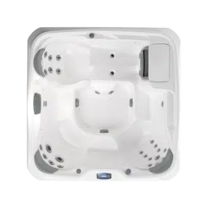 Top-down, overhead architectural photograph of the Sundance 680 Series Peyton hot tub, highlighting its spacious 6-seater interior layout and ergonomic lounge configuration.