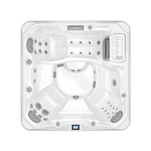 Top-down, overhead architectural photograph of the Sundance 780 Series Bristol hot tub, showcasing its spacious 6-seater interior and ergonomic, multi-level seating layout.