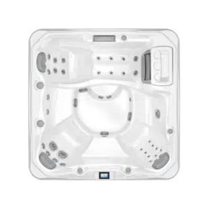 Top-down, overhead architectural photograph of the Sundance 780 Series Bristol hot tub, showcasing its spacious 6-seater interior and ergonomic, multi-level seating layout.