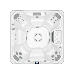 Top-down, overhead architectural photograph of the Sundance 780 Series Chelsee hot tub, showcasing its spacious 6-seater interior and ergonomic, multi-level seating layout.