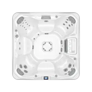 Top-down, overhead architectural photograph of the Sundance 780 Series Chelsee hot tub, showcasing its spacious 6-seater interior and ergonomic, multi-level seating layout.