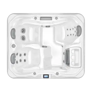 Top-down, overhead architectural photograph of the Sundance 780 Series Dover hot tub, highlighting its compact 3-seater interior layout and ergonomic lounge configuration.