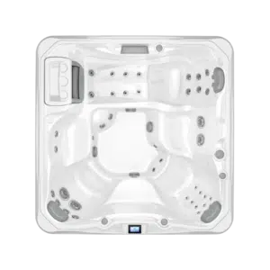 Top-down, overhead architectural photograph of the Sundance 780 Series Hamilton hot tub, highlighting its spacious 6-seater interior layout and ergonomic lounge configuration.