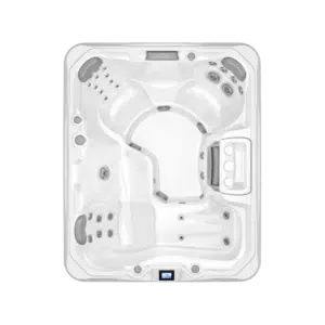 Top-down, overhead architectural photograph of the Sundance 780 Series Montclair hot tub, showcasing its open 5-seater layout and ergonomic, lounge-free design.