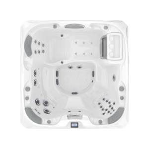 Top-down, overhead architectural photograph of the Sundance 880 Series Altamar hot tub, highlighting its spacious 6-seater interior layout and ergonomic lounge configuration.