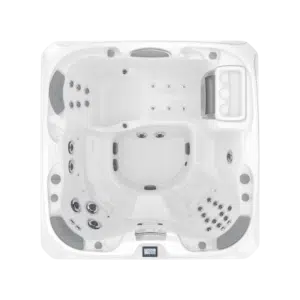 Top-down, overhead architectural photograph of the Sundance 880 Series Altamar hot tub, highlighting its spacious 6-seater interior layout and ergonomic lounge configuration.