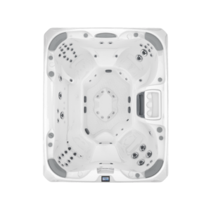 Top-down, overhead architectural photograph of the Sundance 880 Series Aspen hot tub, showcasing its massive, 6+ seater lounge-free interior layout and ergonomic multi-level seating.