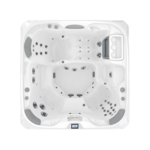 Top-down, overhead architectural photograph of the Sundance 880 Series Cameo hot tub, highlighting its spacious 6-seater interior layout and ergonomic lounge configuration.