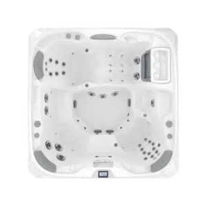 Top-down, overhead architectural photograph of the Sundance 880 Series Cameo hot tub, highlighting its spacious 6-seater interior layout and ergonomic lounge configuration.