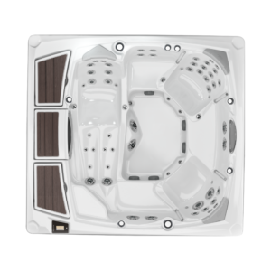 Top-down, overhead architectural photograph of the Sundance 980 Series Claremont hot tub, highlighting its spacious 6-seater interior layout and signature sleek, flush-top deck design.