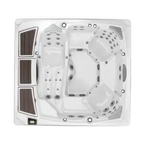 Top-down, overhead architectural photograph of the Sundance 980 Series Claremont hot tub, highlighting its spacious 6-seater interior layout and signature sleek, flush-top deck design.