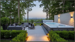 A stunning luxury backyard landscape featuring a premium dual-zone swim spa embedded flush into a contemporary porcelain patio, with a powerful, adjustable current running in the swim lane and steam rising gently at dusk.