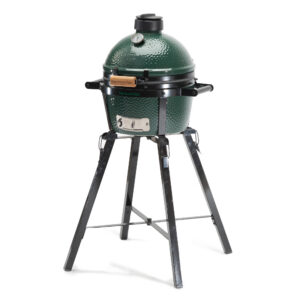 A professional e-commerce product shot of the Big Green Egg Foldable Stand for MiniMax, showcasing its heavy-duty black powder-coated steel frame folded out into a secure, elevated position.