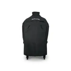A professional e-commerce product shot of the durable Big Green Egg Cover H, showcasing its heavy-duty, weather-resistant black fabric with the signature green Big Green Egg logo.