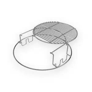 A professional e-commerce product shot of the Big Green Egg 2 Piece Multi-Level Rack for the EGGspander System, showcasing its elevated stainless steel cooking grid and rugged base frame.