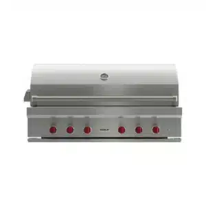 A premium built-in Wolf outdoor gas grill seamlessly integrated into a custom luxury garden kitchen island.