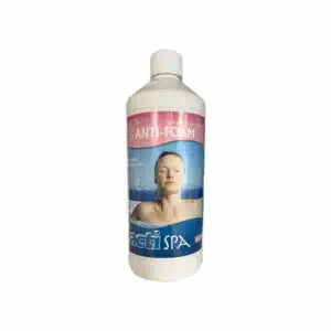 A professional e-commerce product shot of a 1-litre bottle of ACTI Anti Foam treatment for hot tubs and swim spas.