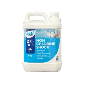 A professional e-commerce product shot of a container of ACTI Chlorine Free Shock treatment for hot tubs and pools.