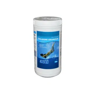 A professional e-commerce product shot of a 1kg container of ACTI Chlorine Granules for pool and hot tub treatment.