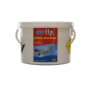 A professional e-commerce product shot of a 2.5kg container of ACTI HP Chlorine Shock Granules for pools and spas.
