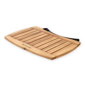A professional e-commerce product shot of the official Big Green Egg Acacia Folding Shelves for the Large EGG, showcasing the two slatted premium acacia wood side tables with their heavy-duty black mounting brackets.